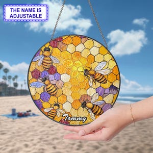 Honeybee Stained Glass Suncatcher, Beehive Window Decor, Round Bee Glass Art, Handmade Gift for Her, Sun Catcher Ornament, Beekeeper Gift