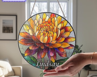 菊の花のステンドグラスサンキャッチャー、ステンドグラスの窓飾り、花