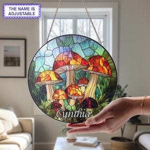 Apanhador de sol de vidro manchado de cogumelo, vitral pendurado na janela, decoração de arte para pendurar na parede de cogumelo voador, presentes para amantes de cogumelos
