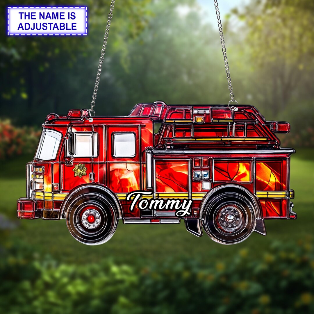 Fire Truck Window Hanging Acrylic Ornament, Firefighter Gift, 2D Flat ...