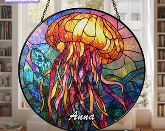 光るクラゲのステンドグラスサンキャッチャー、手作りの窓用吊り下げ