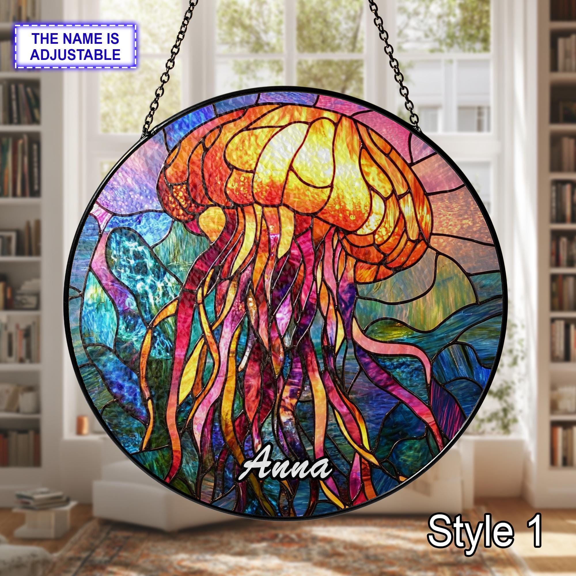 ステンドグラス インテリア　額　アート　大判　サンキャッチャー 光るクラゲのステンドグラスサンキャッチャー、手作りの窓用吊り下げ