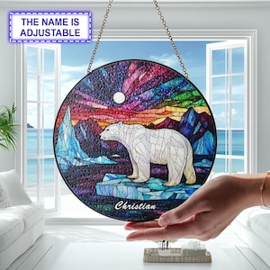 Polar Bear Suncatcher Stained Glass Suncatcher, Artic Aurora Suncatcher, Stained Glass Northern Light Ornament, Housewarming Gift