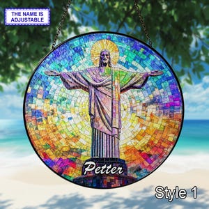 Custom Name Christ the Redeemer Stained Glass Suncatcher – Handmade Brazil Landmark Window Hanging Decor, Rio de Janeiro Travel Gift
