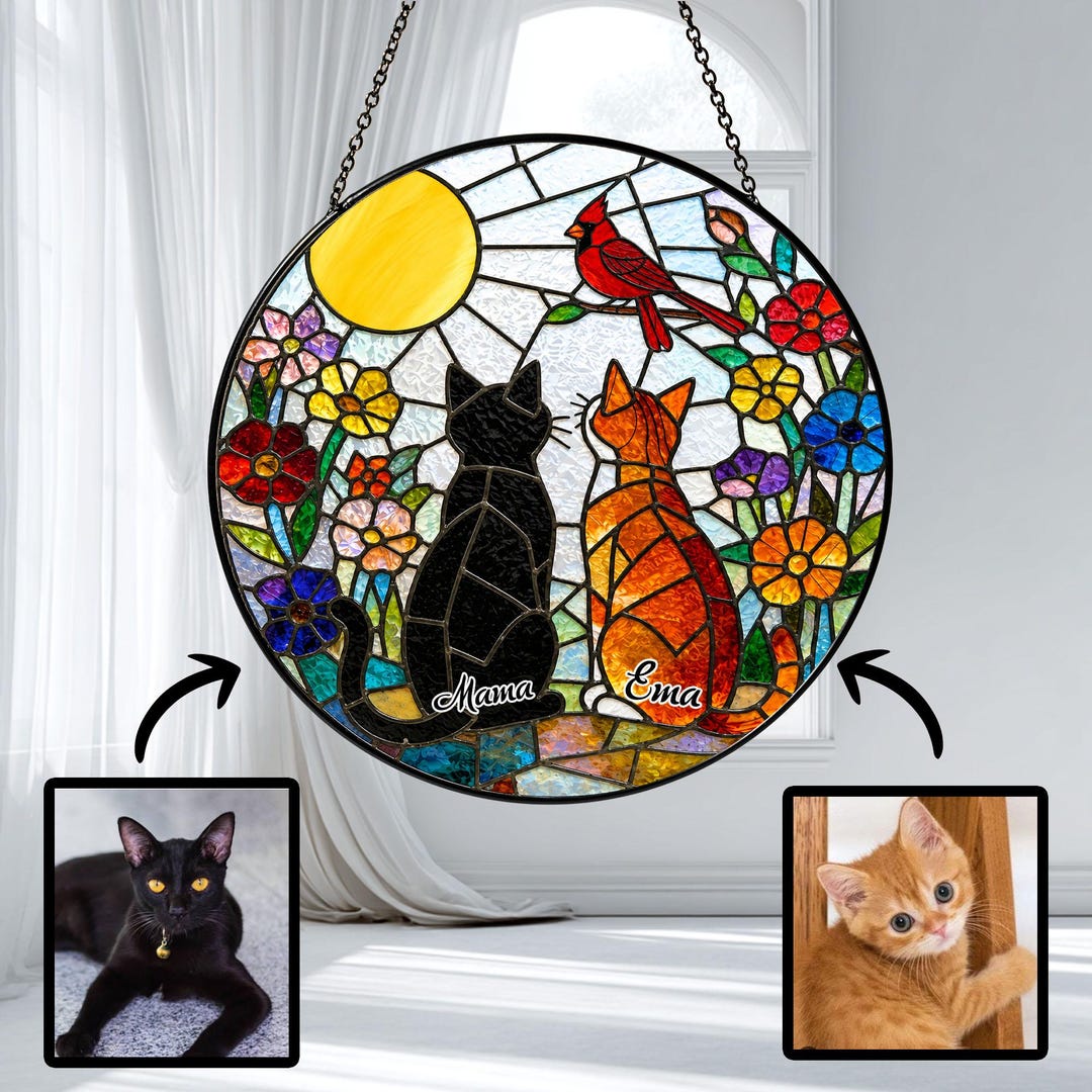 Custom Cat Portrait Stained Glass Suncatcher From Photo,cat Couple ...