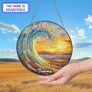 Ocean Waves Stained glass Suncatcher Ornament, Ocean Waves At Sunrise, Sunrise Lover Gift, Beach Suncatcher, Natural Gift, Beach Home Decor