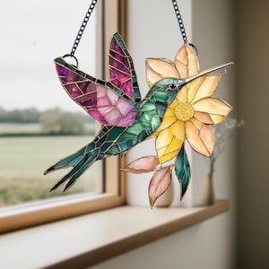 Adorno acrílico colgante de colibrí con flor para ventana, regalo para amantes de las aves, decoración plana 2D, arte floral, decoración de ventanas para el hogar.