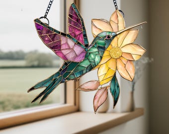 Hummingbird With Flower Window Hanging Acrylic Ornament, Bird Lover Gift, 2D Flat Decor, Floral Art, Home Window Decoration