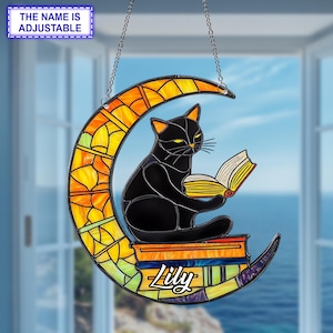 Schwarze Katze, die Buch auf dem Mond-Fenster-hängenden Acrylverzierung, Katzen-Liebhaber-Geschenk, 2D-flachem Dekor, Bücherwurm-Kunst, Hausfensterdekoration liest