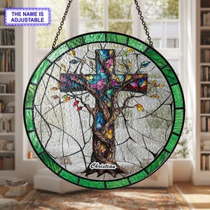 Christian Cross Stained Glass Suncatcher, Wildflower Cross Suncatcher, Religious Cross Gift, Religious Christmas Decorations