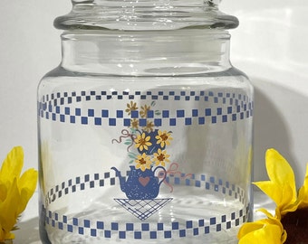 Hallmark Glass Canister with Flowers in Watering Can, Checkered Design-1986, Vintage Hallmark Glass Collectible