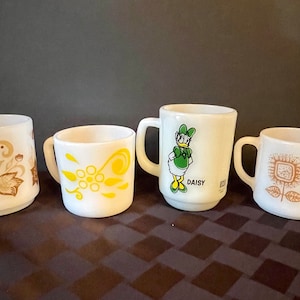 Vintage Milk Glass Mugs, Your Choice of One- Daisy Duck, Brown Flowers, Sunflowers, or Yellow Flowers, Federal Milk Glass, Glassbake Mugs