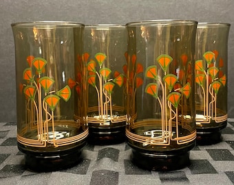 Vintage Libbey Ginseng Blossom Smoked Glass Tumblers, Set of 4, Vintage Barware, Vintage Libbey Sets, Vintage Gifts, MCM Barware