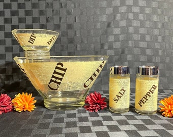 Anchor Hocking Chip Dip set, Vintage, with Salt and Pepper Shakers, Vintage Serving Ware, Vintage Gifts