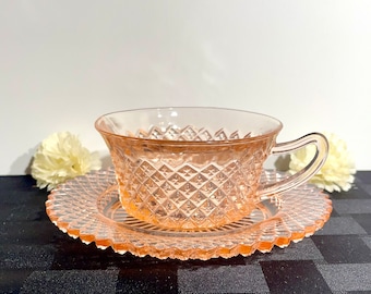 Pink Depression Glass Tea Cup and Saucer, Miss America Cut, Diamond Pattern, Vintage Tea Cup