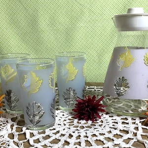 Vintage Libbey Frosted Leaves Pitcher/Carafe and 3 Glasses, Libbey Set, Vintage Barware