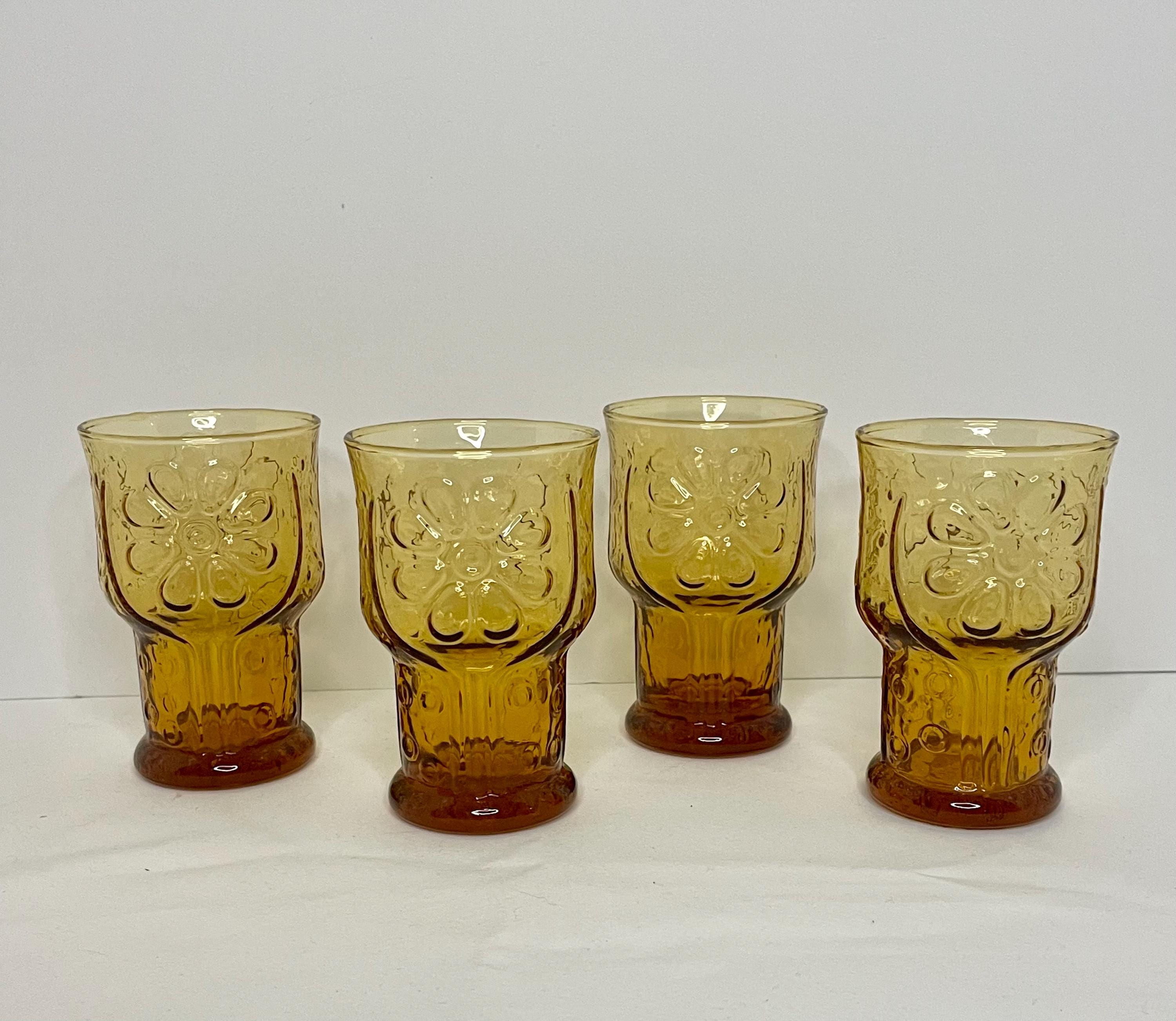 Vintage 1960s Amber Country Garden Libbey Retro Daisy Juice Glasses, Set of 4, Groovy Flower Drinkware,