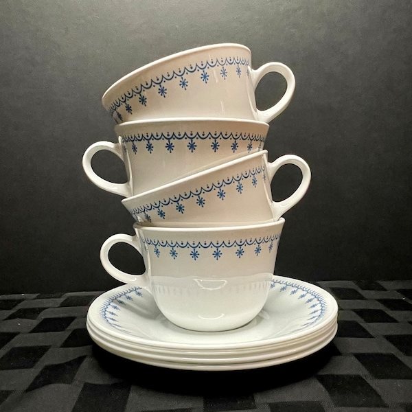 Vintage Corelle Snowflake Pattern C Handle Tea Cups with Saucers, Set of 4, Vintage Pyrex Snowflake Pattern, Vintage Gift Set, Corningware