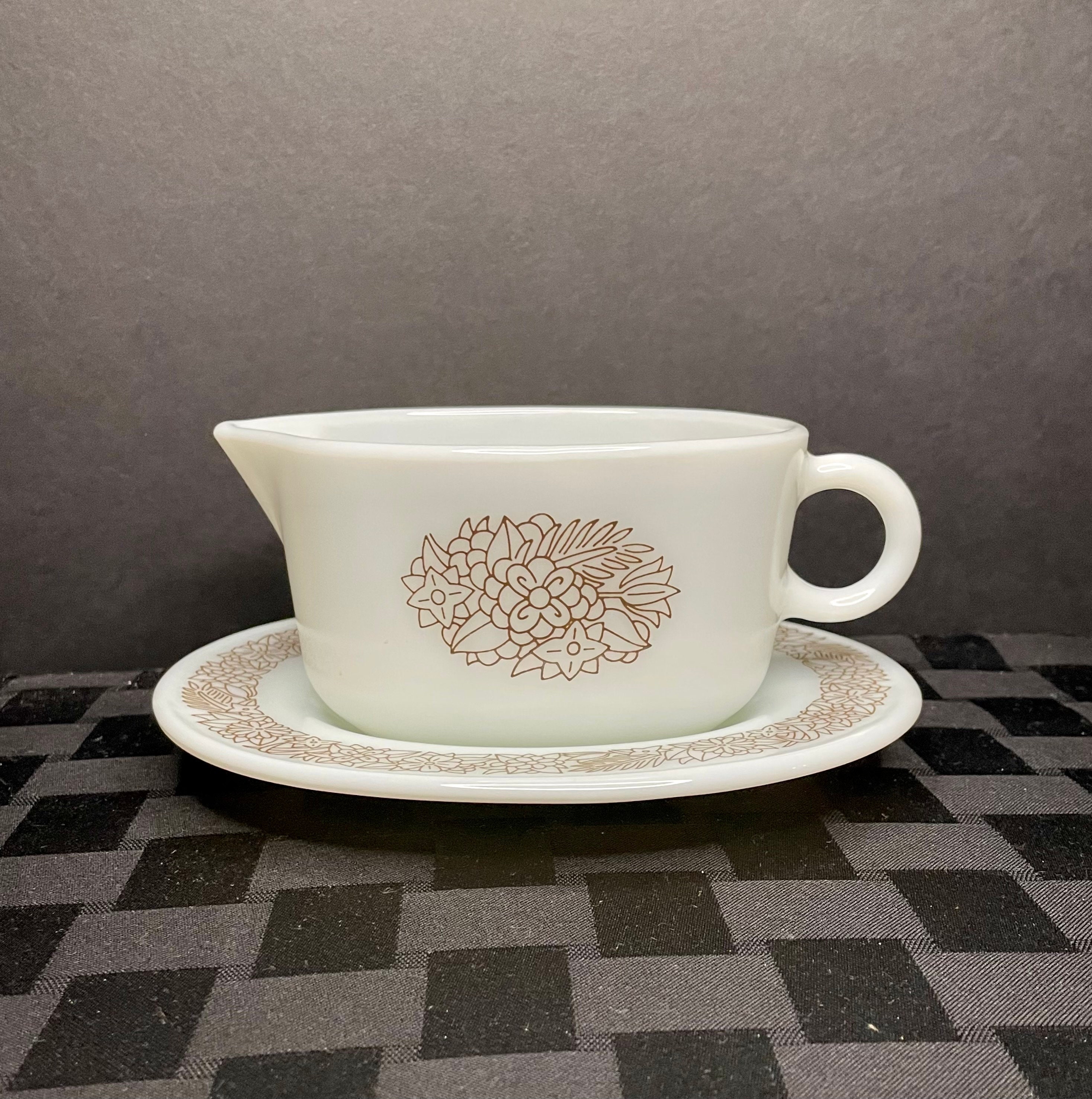 PYREX Woodland Floral Gravy Boat, Brown and White, Vintage Pyrex
