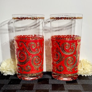Culver Red and 22k Gold Scrolls Glasses- 1960s set of 2