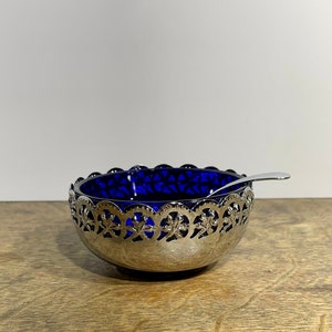 Cobalt Blue and Silver Sugar Dish with Spoon-Chrome plated, Made in England