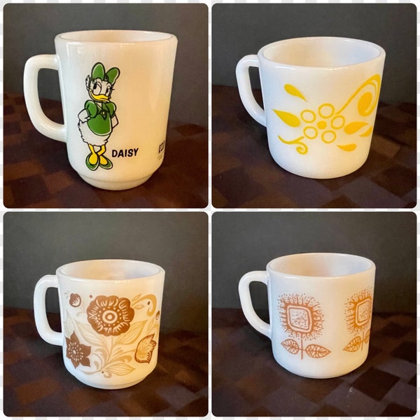 Vintage Milk Glass Mugs, Your Choice of One- Daisy Duck, Brown Flowers, Sunflowers, or Yellow Flowers, Federal Milk Glass, Glassbake Mugs