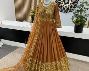 Light copper Indian Wedding Anarkali Gown Designer Embroidery Work Gown Fancy Punjabi Gown Pakistani Bridesmaids Outfit traditional Gown