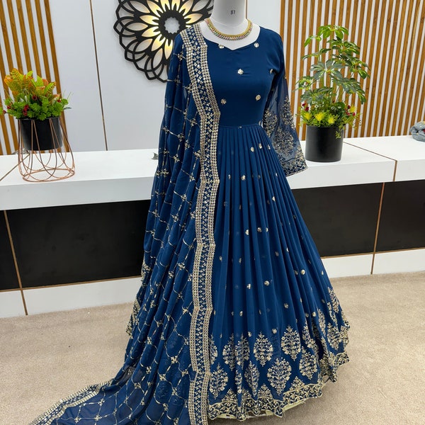 Blue Georgette anarkali suit Indian gown dupatta 2 PC set full flared anarkali dress for women long wedding gown Bollywood Gown dupatta work