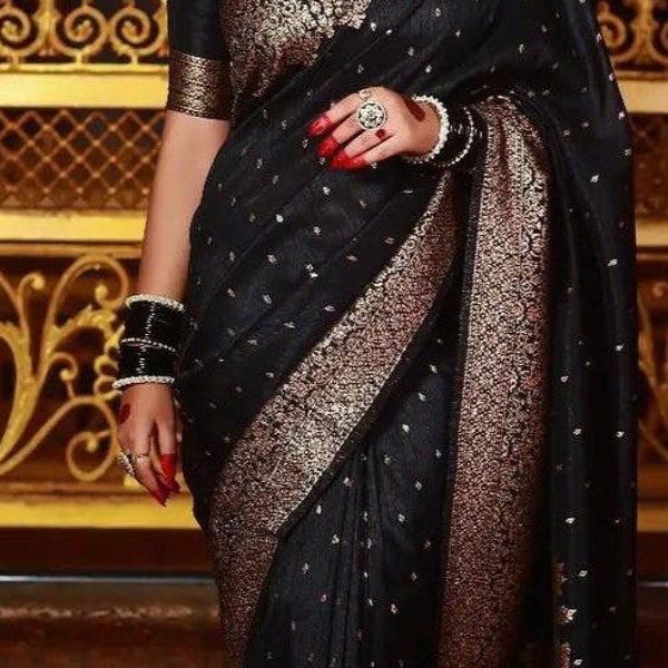 Saree en soie banarsi tissage Zari en cuivre noir avec sari indien pour vêtements de mode, beau design et vêtement de fête, cadeau sari pour elle