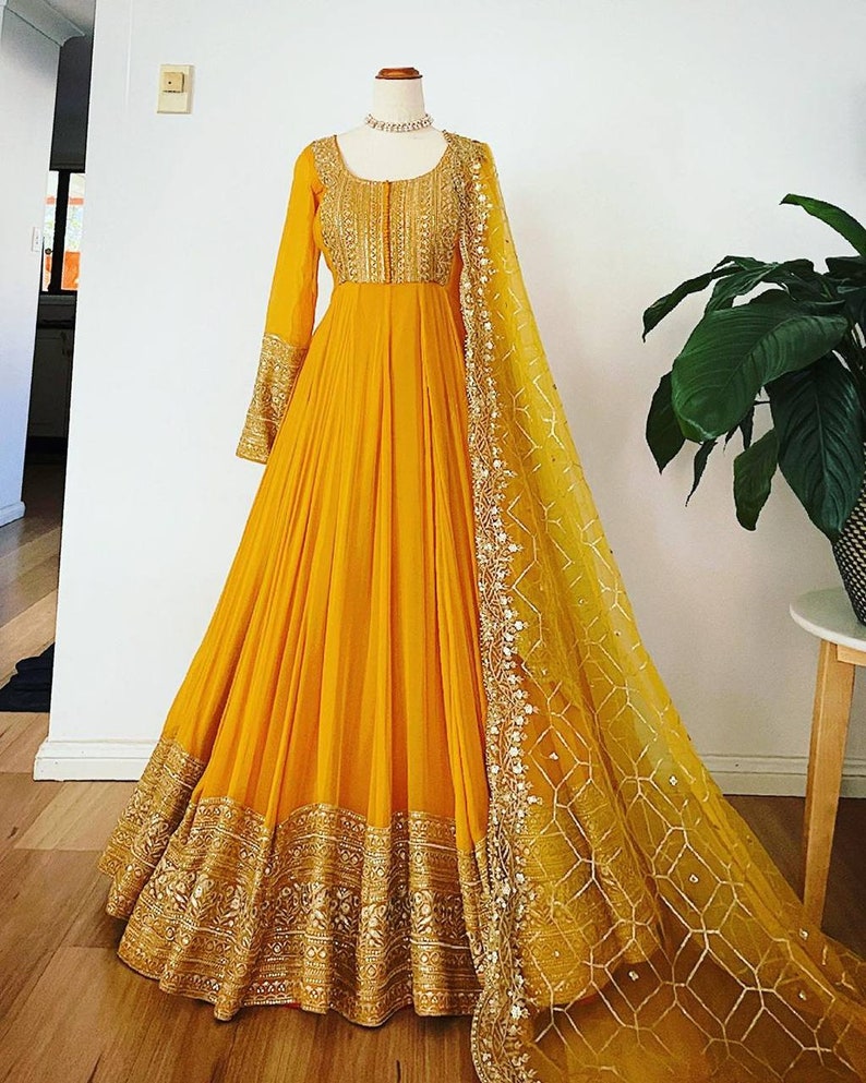 Yellow Georgette Anarkali Set For Indian & Pakistani Wedding Festival occasion - Thread & Sequence Embroidery main image 1