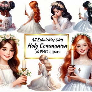 Erste heilige Kommunion Alle Ethnien Mädchen Clipart, Heilige Christentum Symbole PNG, katholische Rosa sublimieren Taufe Kinder für kommerzielle Nutzung