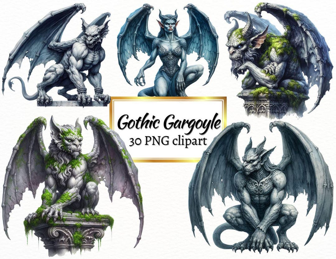 Watercolor Gargoyle Clipart Bundle: Gothic Stone Statue PNG (digital ...