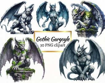 Watercolor Gargoyle Clipart Bundle: Gothic Stone Statue PNG (Digital Download)