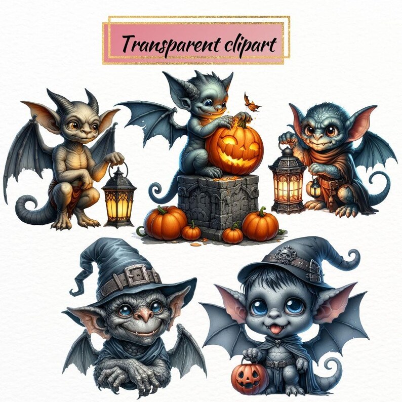 Watercolor Baby Gargoyle Clipart Bundle, Stone Statue PNG (digital ...