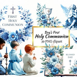 Junge Erstkommunion Clipart, Heilige Christentum Symbole PNG, katholische blaue sublimierte Taufe für kommerzielle Nutzung und sofortiger Download