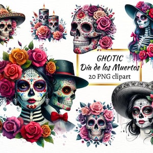 La Catrina Clipart, Sugar Skull Bundle PNG, gothique Dia de los Muertos, création numérique, sublimation, utilisation commerciale et téléchargement immédiat