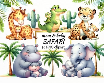 Watercolor Safari Animals Clipart: Mom and Baby PNG (Commercial Use)