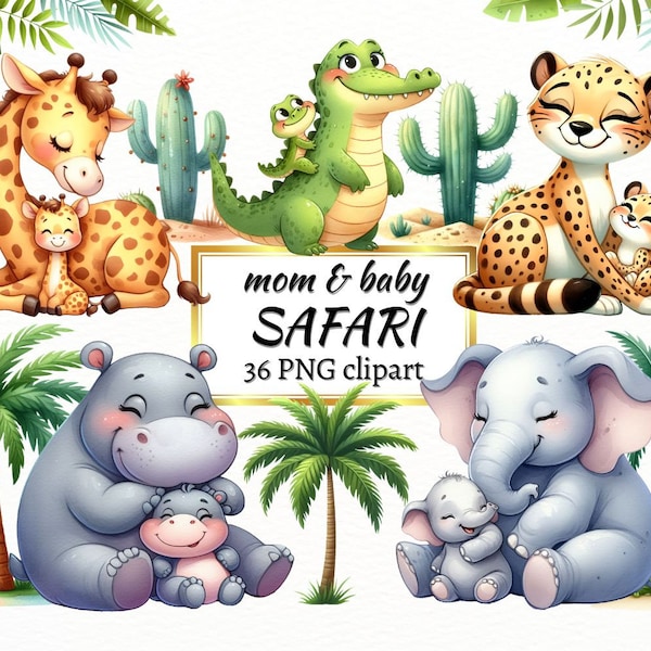 Watercolor Nursery Safari Mom and Baby Animals Clipart, African Animals PNG for baby shower, Happy mothers day clipart, Commercial Use