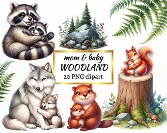 Watercolor Woodland Animals Clipart: Mom and Baby PNG Bundle (Commercial Use)