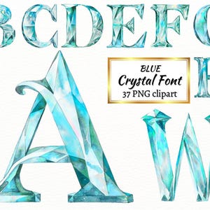 Alphabet aquarelle cristal bleu PNG, 37 polices de caractères Aqua Ice, marque d'étape, ensemble de lettres et chiffres hiver, usage Commercial