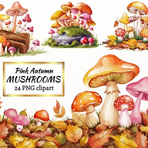 Clipart champignons roses aquarelle - jolie nature forestière, champignon vénéneux clip art PNG pour cartes, journalisation, scrapbooking, pour un usage commercial