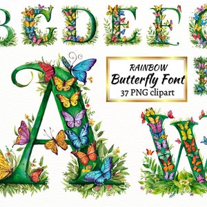 Arc-en-ciel aquarelle papillon Alphabet PNG, Clipart police Fantasy, jalon, 37 lettres et chiffres Bundle, usage Commercial