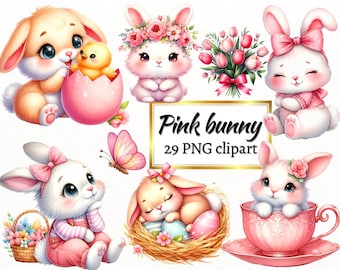 Watercolor Easter Bunny Clipart: Pastel Pink Spring PNG Bundle (Digital Download)