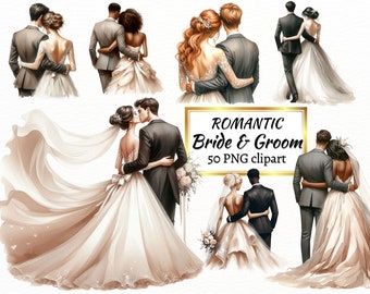 Clipart de novios en acuarela: Paquete PNG de parejas de novios (descarga digital)