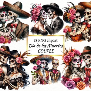 Couple squelette Dia de los Muertos, Clipart La Catrina, lot de crânes en sucre, danse macabre, vacances mexicaines, sublimation, usage Commercial