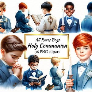 Première communion toutes les races garçons des cliparts, symboles sacrés du christianisme PNG, bleu catholique sublime baptême enfants pour un usage Commercial