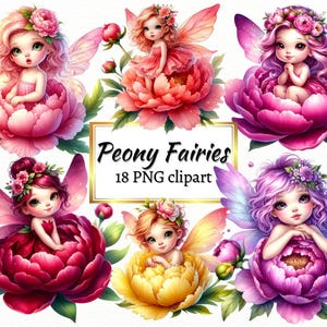Pfingstrose Fee Clipart, Aquarell Sommer Blumen Fee PNG, Fantasy Frühling Garten Kreatur, niedliches buntes Design, kommerzielle, Sofort Download
