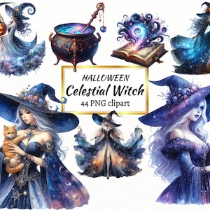 Bundle de cliparts sorcière aquarelle, enchanteresse d'Halloween PNG, boule de cristal, chat, corbeau, sublimation, scrapbooking, journal indésirable, usage Commercial