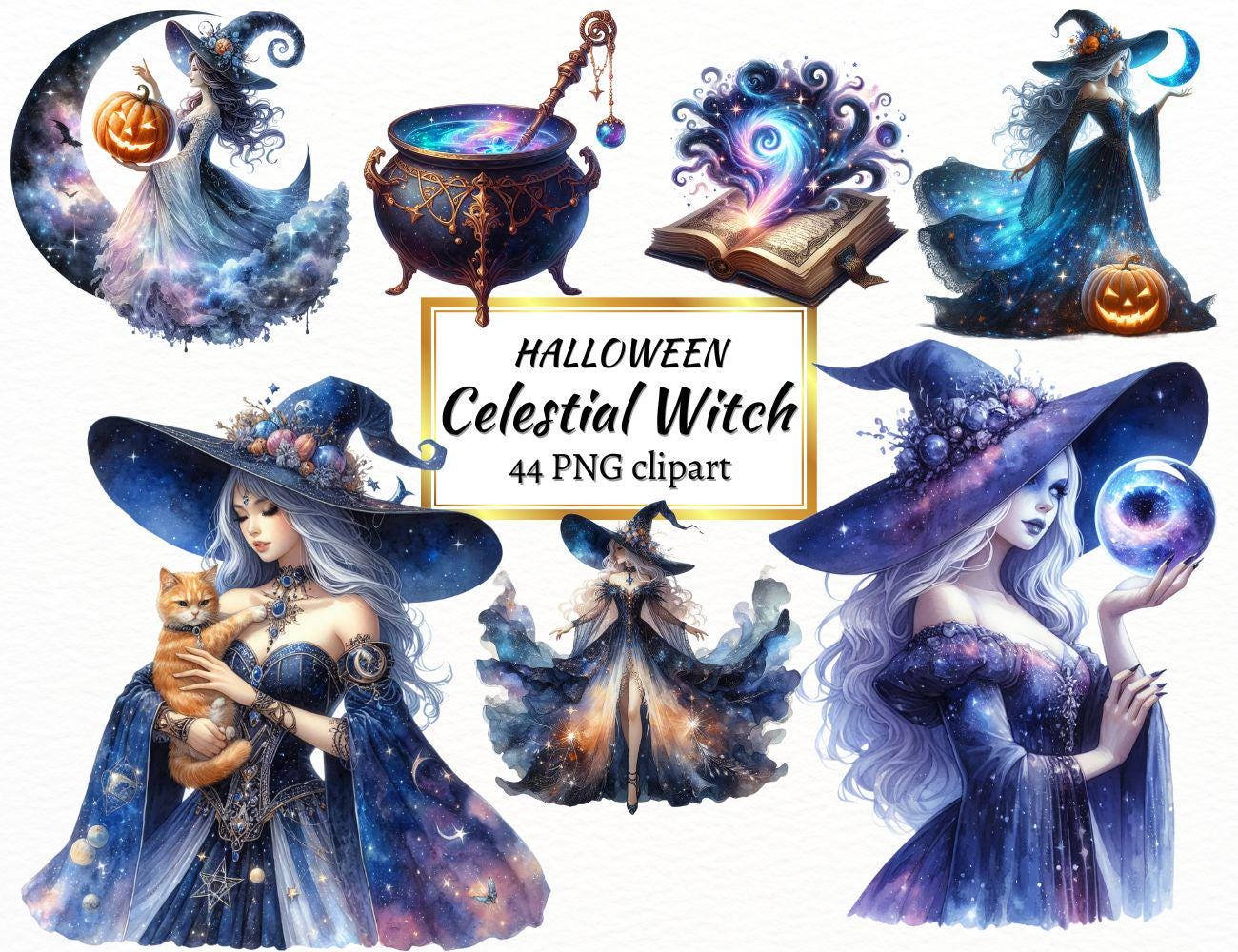 Watercolor Witch Clipart: Halloween Enchantress PNG Bundle (44 Files)