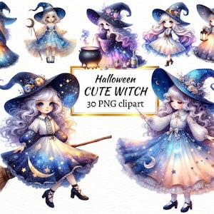 Pacchetto di clipart di strega carina di Halloween ad acquerello, PNG di incantatrice stravagante, artigianato digitale, sublimazione, uso commerciale e download istantaneo